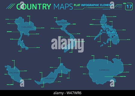 Malaysia, Vietnam, Philippinen, Thailand und Kambodscha Vektorkarten Stock Vektor