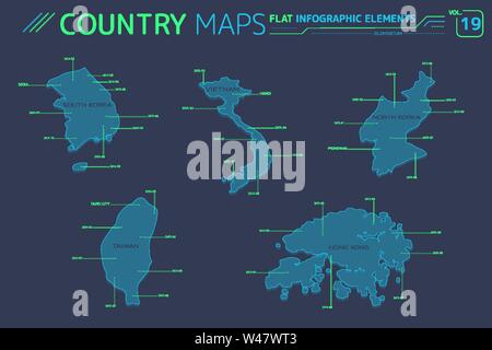 Nordkorea, Südkorea, Taiwan, Vietnam und Hong Kong Vektorkarten Stock Vektor