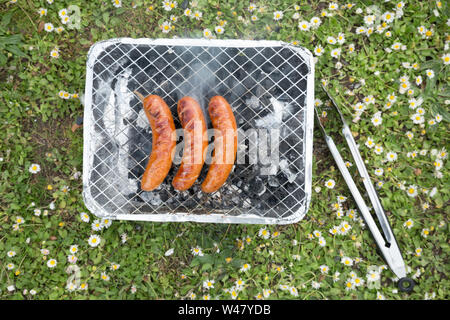 Top down Sicht des Rauchens heiße Würstchen vom Grill auf Einweg GRILL Fach auf der grünen Wiese Hintergrund. Stockfoto