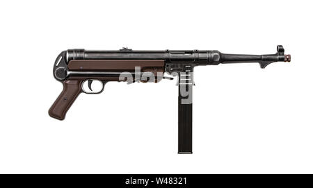 Vintage Maschinenpistole aus dem Zweiten Weltkrieg. Waffe isolieren auf weißem Hintergrund Stockfoto
