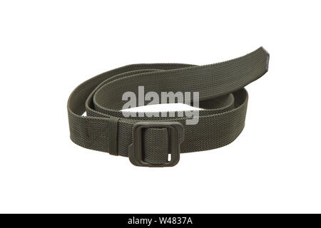 Grün Nylon Gurt zur Befestigung, Gurt auf weißem Hintergrund. Stockfoto