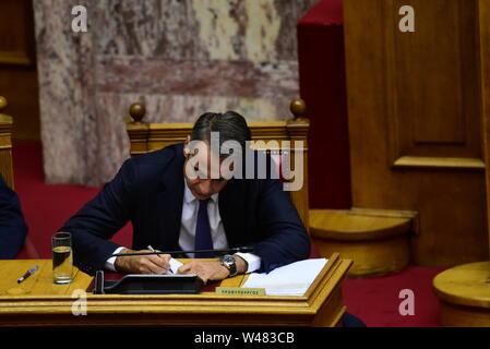 Athen, Griechenland. 20. Juli 2019. Der griechische Premierminister Kyriakos Mitsotakis, während der Sitzung im Parlament. Credit: Dimitrios Karvountzis/Pacific Press/Alamy leben Nachrichten Stockfoto