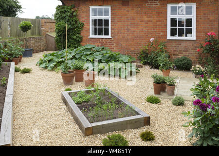 Kies Gemüse Garten oder Hinterhof mit Holz- angehobenen Betten aus Eiche querbalken gemacht Stockfoto