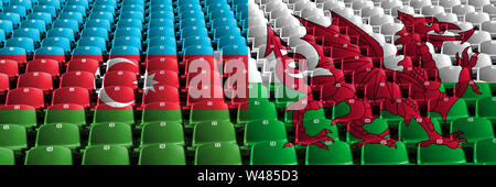 Aserbaidschan, Wales, Welsh, flip Stadion Sitzplätze Konzept. Der europäische Fußball Qualifikation spielen. Stockfoto