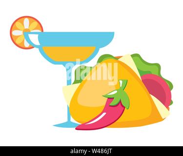 Margarita Cocktail Tasse trinken mit Chili Peppers und Taco Stock Vektor