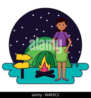 Frau, die in der camping Zelt am Lagerfeuer Nacht Stock Vektor