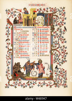 Kalender für November mit Figuren von Hesekiel und St. Jude, Zitat aus dem Brief des Paulus an Philemon, Jünger, Centaur mit Bogen, Vögel, Laub und Burgen. Aus einem beleuchteten Stundenbuch des Herzogs der Anjou., 1380. Chromolithograph in Farben und vergoldeten von Henry Noel Humphreys' Die beleuchtete Kalender und Home Tagebuch für 1846, Longmon, London, 1846. Stockfoto