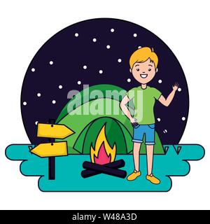 Frau, die in der camping Zelt am Lagerfeuer Nacht Stock Vektor