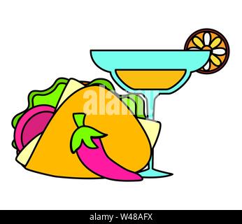 Margarita Cocktail Tasse trinken mit Chili Peppers und Taco Stock Vektor