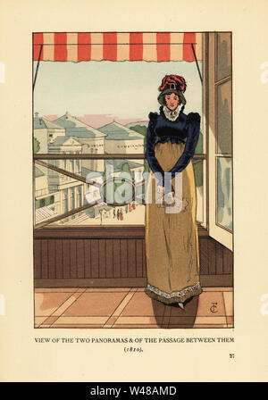 Frau am Fenster mit Blick auf die Panoramen und die Passage des Panoramas, auf dem Boulevard Montmartre, Paris, 1810. Blick auf die zwei Panoramen und der Passage zwischen ihnen. Sie trägt Motorhaube, spencer Jacke, hohe spitzen Kragen Und zu kleiden. Die Panoramen waren eine Attraktion gebaut von Robert Fulton zeigt Stadtansichten (Boulogne und Konstantinopel) und battlescenes. Papierkörbe Lithographie von R.V. nach einer Abbildung von Francois Courboin von Octave Uzanne's Fashion in Paris, William Heinemann, London, 1898. Stockfoto