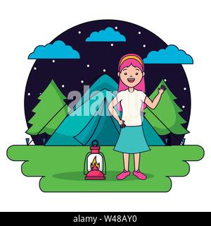 Frau, die in der camping Zelt Nacht Stock Vektor