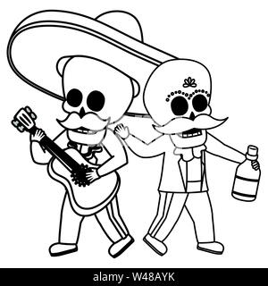 Skelette Musiker mit Gitarre und Tequila Viva Mexico Stock Vektor