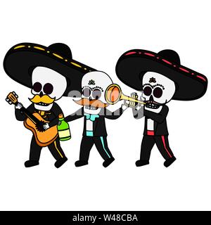 Skelette Musiker mit Gitarre maraca und Tequila Viva Mexico Stock Vektor