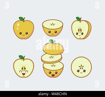 Gelber Apfel niedlich kawaii Maskottchen. Satz lustig Kawaii gezeichnet Obst in den Schnitt Stock Vektor