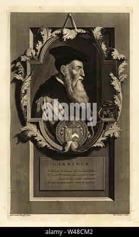 Portrait von Stephen Gardiner, Bischof von Winchester und Politiker. Mit Wappen. Kupferstich von Pieter Stevens van Gunst nach Adriaen Van der Werff von Isaac de Larrey's Histoire d'Angleterre, d'Ecosse et d'Irlande, Reinier Leers, Rotterdam, 1713. Stockfoto