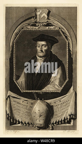 Portrait von Matthew Parker, Erzbischof von Canterbury und Theologe. Mit Wappen und Hut. Kupferstich von Pieter Stevens van Gunst nach Adriaen Van der Werff von Isaac de Larrey's Histoire d'Angleterre, d'Ecosse et d'Irlande, Amsterdam, 1730. Stockfoto