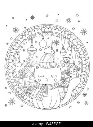 Weihnachten Färbung Seite. Nach Malbuch. Süße Katze mit Schal und Mütze gestrickt. Urlaub Dekoration und Haufen von präsentiert. Hand Vector Illustration gezeichnet. Stock Vektor