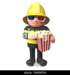 Feuerwehrmann Feuerwehrmann Charakter in Gut sichtbare Kleidung essen Popcorn während der Wiedergabe von 3D-Film, 3d-Grafik rendern Stockfoto