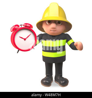 Tapferer held Feuerwehrmann Feuerwehrmann Charakter Einstellung seinen Wecker, 3d-Grafik rendern Stockfoto