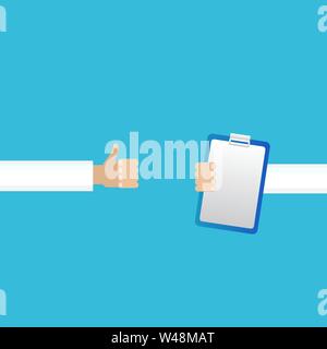 Übermittlung der Diagnose von Arzt zu Arzt. Zwei ärzte Pass von Papier Papier Halter Pad mit diagnostischer Ergebnisse. Health Care Flachbild cartoo Stock Vektor