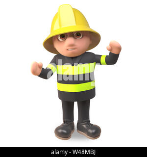 Cartoon 3d-Feuerwehrmann Feuerwehrmann Charakter in Gut sichtbare Kleidung cheers mit Freude, 3d-Grafik rendern Stockfoto