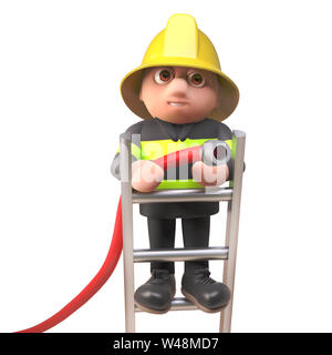 Mutige Feuerwehrmann Feuerwehrmann Charakter der Brandbekämpfung mit einem Schlauch auf eine Leiter, 3d-Grafik rendern Stockfoto