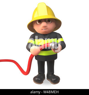 3d-Feuerwehrmann Feuerwehrmann Charakter mit einem Feuerwehrschlauch eine Flamme zu kämpfen, 3d-Grafik rendern Stockfoto