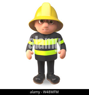 3d cartoon Feuerwehrmann Feuerwehrmann Charakter in Gut sichtbare Kleidung, 3d-Grafik rendern Stockfoto