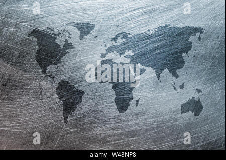 Grunge Karte von der ganzen Welt aus gebürstetem Metall Textur Stockfoto