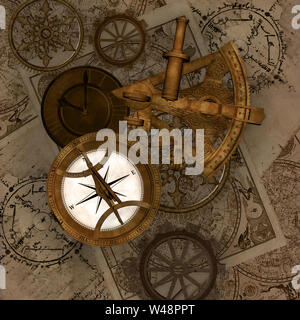 Kompass und Sextant auf einem vintage Hintergrund mit Karten Stockfoto