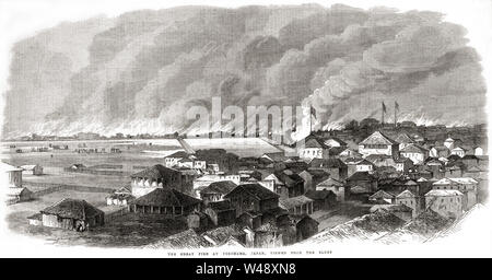 [1860s Japan - Yokohama Feuer von 1866] - Die große Yokohama Brand vom 26. November 1866 (keio 2) Wie aus den Bluff gesehen (yamate). Zwei Drittel der Heimatstadt und ein Sechstel der ausländische Siedlung zerstört wurde. Über 400 Menschen starben in diesem Feuer, von denen die meisten Prostituierten, die in der Lage waren, ihre in Bereich eingeengt. Im Japanischen ist das Feuer wie die Keio Fire bekannt, aber es war auch das Butaya Kaji (Schwein Haus Feuer) genannt, da es an einem Schwein Restaurant begonnen. Nach dem Brand, britischer Ingenieur Richard Henry Brunton (1841-1901) war eine feuerfeste urban-Plan für Yokohama zu erstellen. Stockfoto