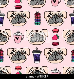 Mops mit einem Becher Kaffee und Makronen. Gemütlichen Stil nahtlose Muster Vektor hand darwn Oberflächengestaltung Stock Vektor