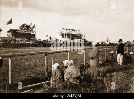 [1870s Japan - Japans erste moderne Galopprennbahn] - Das Grand stand auf der Negishi Race Course (根岸競馬場) in Yokohama, Kanagawa Präfektur. Es wurde von den ausländischen Gemeinschaft in Yokohama 1866 gegründet (keio 2). 1943 (Showa 18), die natürlich in den Besitz der Imperialen Streitkräfte und Pferderennen für immer hier gestoppt. Dieses Foto wurde in den Fernen Osten von Mittwoch, November 16, 1870 (Vol. 1, Nr. 12) veröffentlicht. Das Magazin wurde in Yokohama zwischen 1870 (Meiji 3) und 1878 (Meiji 11) veröffentlicht. 19 Vintage albumen Foto. Stockfoto