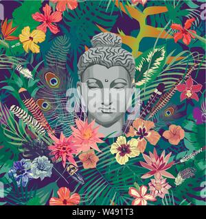 Die nahtlose Vektor Muster mit Buddha Kopf, Federn, Blätter, Blumen Stock Vektor