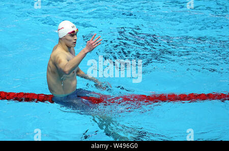 (190721) - GWANGJU, Juli 21, 2019 (Xinhua) - Sun Yang von China reagiert, nachdem die Männer 400 m Freistil Finale bei der Gwangju 2019 FINA Weltmeisterschaft in Gwangju, Südkorea, 21. Juli 2019. (Xinhua / Tao Xiyi) Stockfoto