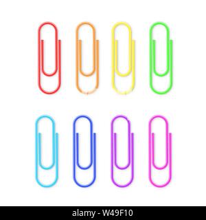 Realistische bunte Papier Clip Set mit Schatten. Datei business Dokument anhängen. Büroklammersymbol. Vector Illustration auf weißen backgro isoliert Stock Vektor