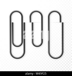 Realistische schwarzes Papier Clip Set mit Schatten. Datei business Dokument anhängen. Büroklammersymbol. Vector Illustration isoliert auf transparente zurück Stock Vektor