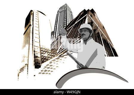 Architekt zeigt mit Baustelle im Hintergrund Stockfoto