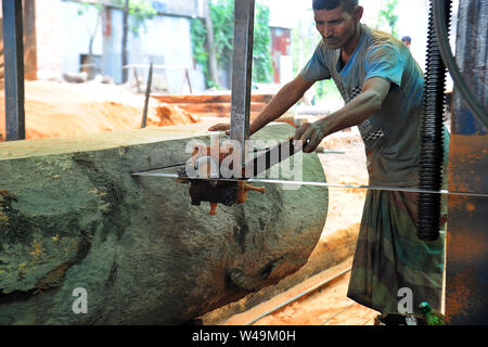 Bangladeshi Arbeiter der Verarbeitung von Holz in einem Sägewerk in der Nähe von Dhaka in Bangladesch Stockfoto