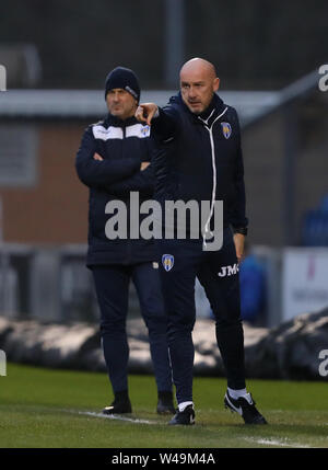 Manager von Colchester United, John McGreal und Assistent Steve Kugel - Colchester United v Notts County, Sky Bet Liga Zwei, JobServe Gemeinschaft Stadion, Colchester - 5. Januar 2019 Editorial nur verwenden - DataCo Einschränkungen Stockfoto