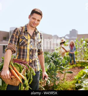 Das freundliche Team der Ernte von frischem Gemüse vom Dachgarten Gewächshaus Garten und Planung der Erntesaison Stockfoto