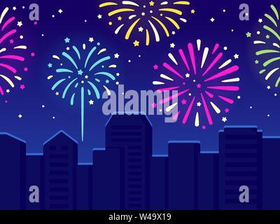 Feuerwerk in den Himmel über Nacht Stadt. Neue Jahre oder Independence Day Feier Vector Illustration. Stock Vektor