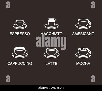 Satz von Hand gezeichnet doodle Ikonen der Kaffeetassen auf schiefertafel Hintergrund. Verschiedene Arten von Kaffee, Gestaltungselemente für Cafe Menü. Vektor Clipart illu Stock Vektor