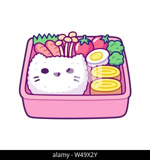 Cute cartoon bento box Mit cat face geformte Reis, Frühlingsrollen, Pilzen und Gemüse. Traditionelle japanische Lunchbox für Kinder. Einfache Hand gezeichnet vecto Stock Vektor