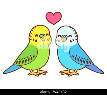 Cute cartoon budgie Paar Zeichnung. Wenig sittich Vögel in Liebe mit Herz. Isolierte vector clip art Illustration. Stock Vektor