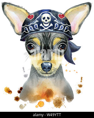 Süßer Hund tragen Biker Bandana. T-shirt Grafiken. Aquarell Toy Terrier Abbildung Stockfoto