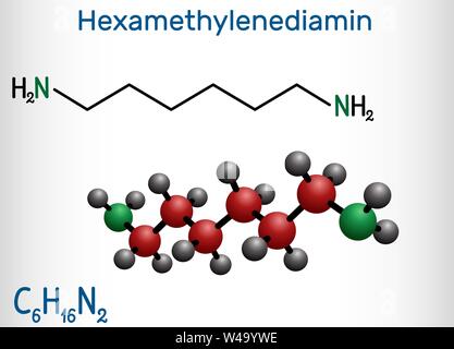 Hexamethylendiamin diamin Molekül. Es ist Monomer für Nylon. Strukturelle chemische Formel und Molekül-Modell. Vector Illustration Stock Vektor