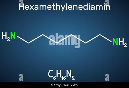 Hexamethylendiamin diamin Molekül. Es ist Monomer für Nylon. Strukturelle chemische Formel auf dem dunkelblauen Hintergrund. Vector Illustration Stock Vektor