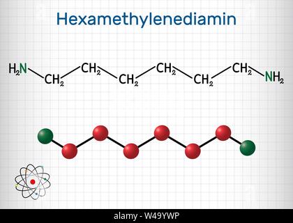 Hexamethylendiamin diamin Molekül. Es ist Monomer für Nylon. Strukturelle chemische Formel und Molekül-Modell. Blatt Papier in einem Käfig. Vektor illus Stock Vektor