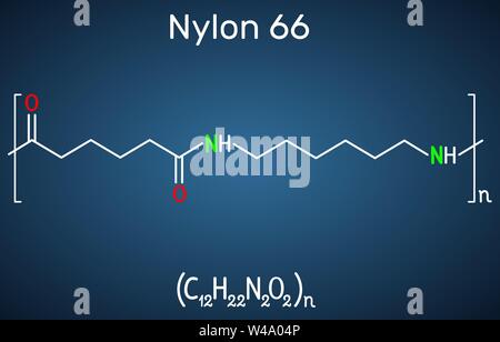 Nylon 66 oder Nylon Molekül. Es ist Kunststoff Polymer. Strukturelle chemische Formel auf dem dunkelblauen Hintergrund. Vector Illustration Stock Vektor